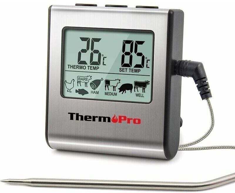 Digitales Fleischthermometer TP16 mit großem LCD-Display für Smoker, Backofen, Küche, Grill, BBQ – mit Timer und Edelsta...