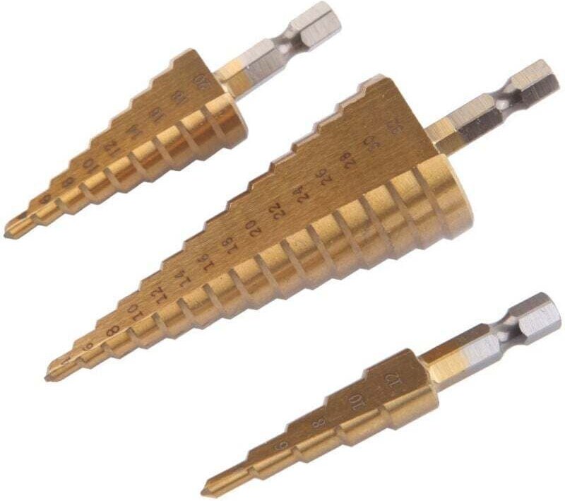 Stufenbohrer mit Sechskantschaft (3-teiliges Sechskantschaft-Bohrerset, Stufenbohrer)