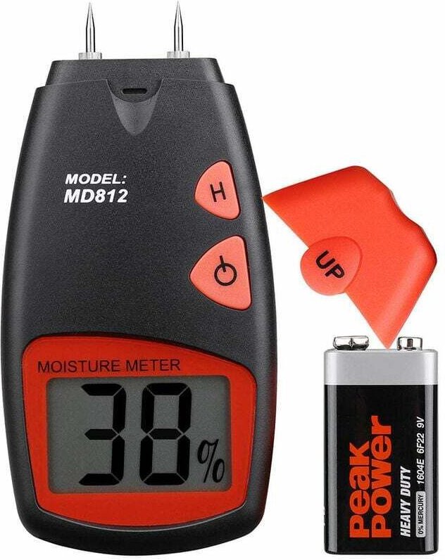 Tragbares Holzfeuchtemessgerät mit digitalem HD-LCD-Display, Messbereich 5 % – 40 %, Genauigkeit +/- 1 %.