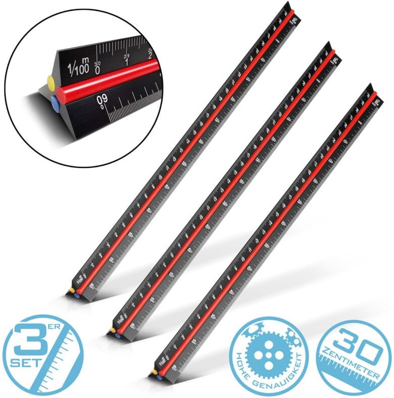 Stahlwerk - Dreikant-Lineal 3er Set 30 cm mit metrischen Skalen Architekten-Lineal