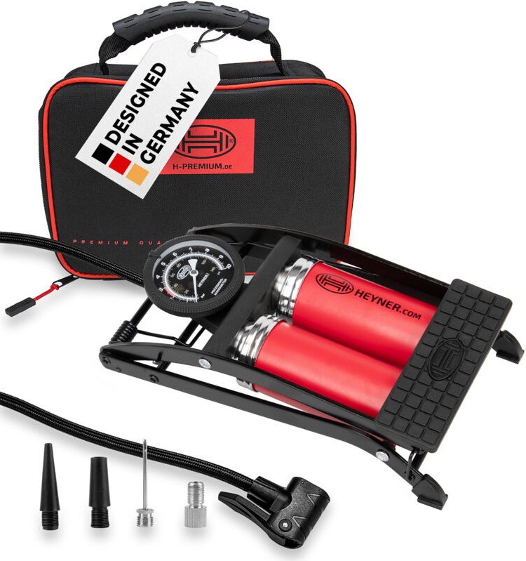HEYNER® 22500N Fußluftpumpe Doppelzylinder 2 Zylinder mit Manometer bis 10 bar + Tasche