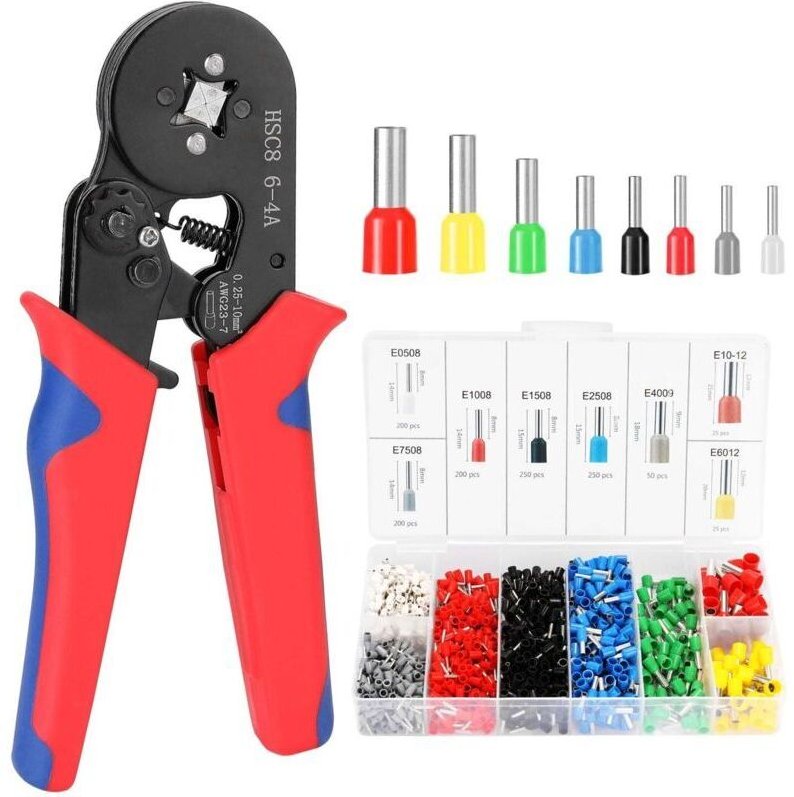 Crimpzange, Crimpzangensatz für HSC8 6-4 0,25-10 mm² Aderendhülsen AWG23-7, Ratschenzange mit 1200 Anschlussklemmen