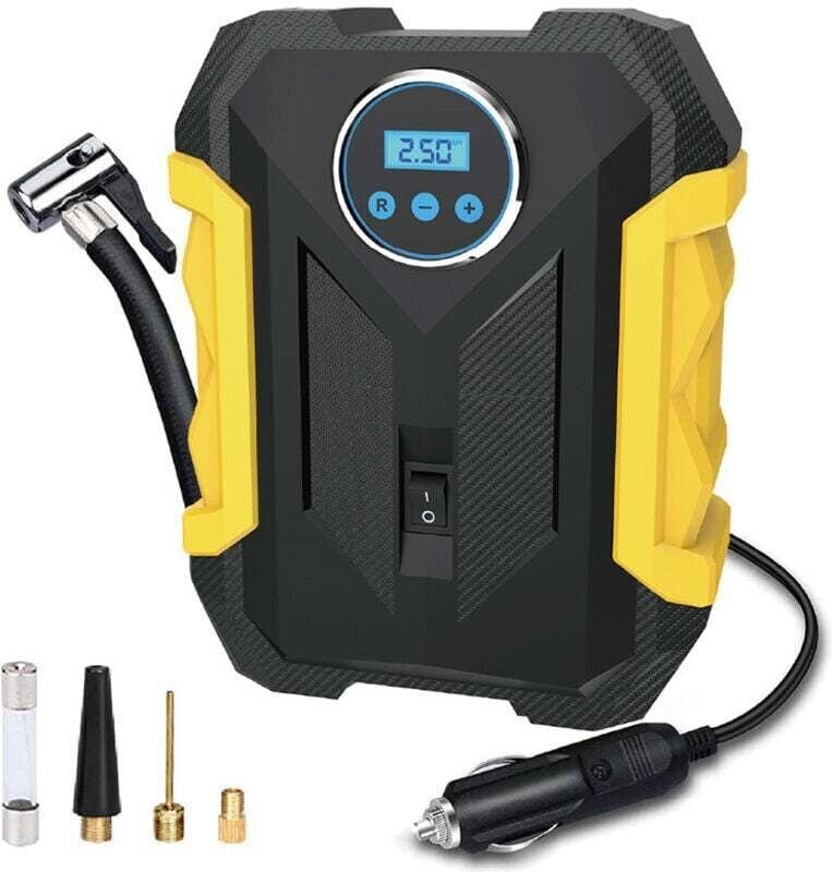 Autoreifenfüller, tragbarer 12-V-Luftkompressor, 150 PSI Luftkompressor mit Reifendruckmesser und LED-Leuchte, Gelb