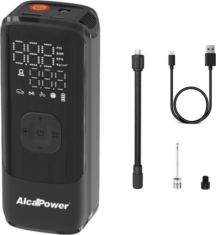 Alcapower - Tragbarer Mini-Auto- und Fahrradkompressor 150 psi 3 in 1 – Kompressor, PowerBank und Taschenlampe