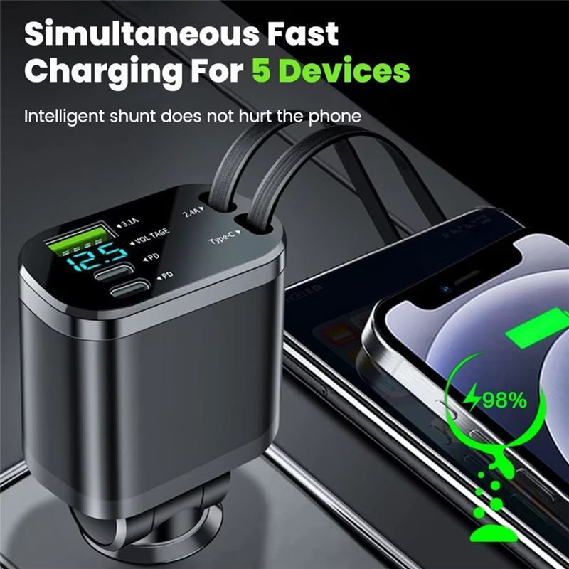 Autoladegerät-Adapter, Schnellladefunktion, USB-Typ-C-Autoladegerät mit Einziehbarem Typ-C-Kabel, Multi-Port-Autoadapter