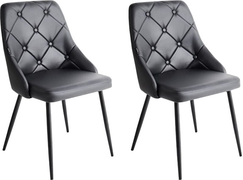 Esszimmerstuhl 2er Set Schwarz Kunstleder Gesteppt mit Knopfheftung Schlanke Metallbeine Chesterfield Stil ohne Armlehne...