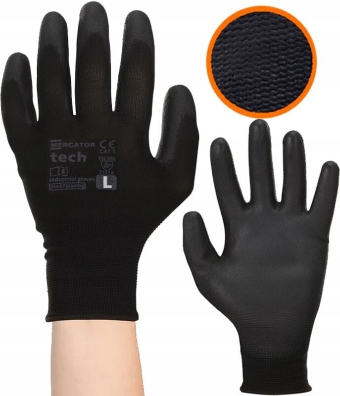 MERCATOR Tech Schwarze PU-Arbeitshandschuhe - Größe L - 1 Paar