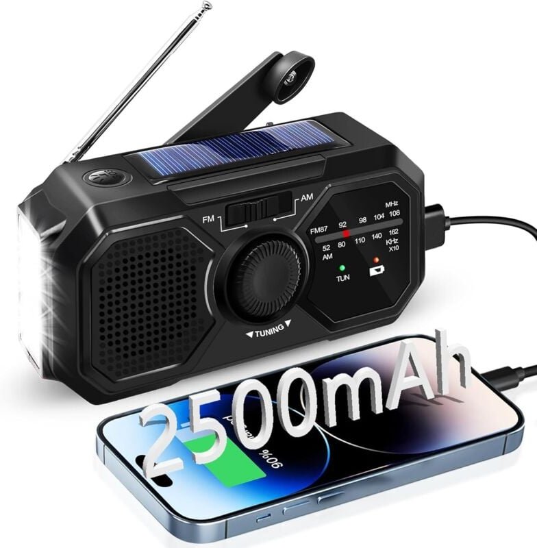 Tragbares Radio, AM/FM-Handkurbel-Solarradio, tragbares Batterieradio mit 2500-mAh-Powerbank/SOS-Alarm/Taschenlampe/3-W-...