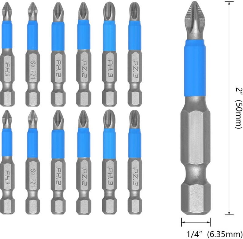 12-teiliges Set – Rutschfeste Bits – Schraubendreher – S2-Stahl – Elektroschraubendreher – Kreuzschlitzbits – PH1, PH2, ...