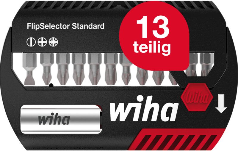 Bit Set FlipSelector Standard 13-tlg. i 25 mm Schlitz, Phillips, Pozidriv 1/4' i magnetischer Bithalter i Öffnen per Kno...