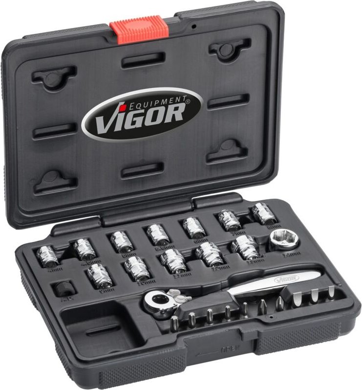 Steckschlüssel Satz, superflach, Vierkant hohl 6,3 mm (1/4), Außen Sechskant Profil, 4 - 14, Anzahl Werkzeuge: 25 - Vigo...