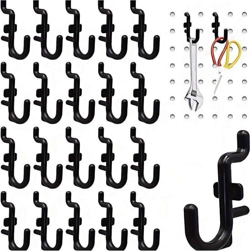 50 schwarze, J-förmige Lochhaken mit Verriegelung, ideal zur Werkzeugaufbewahrung an einer Wandlochwand, 0,6 cm Lochdurc...