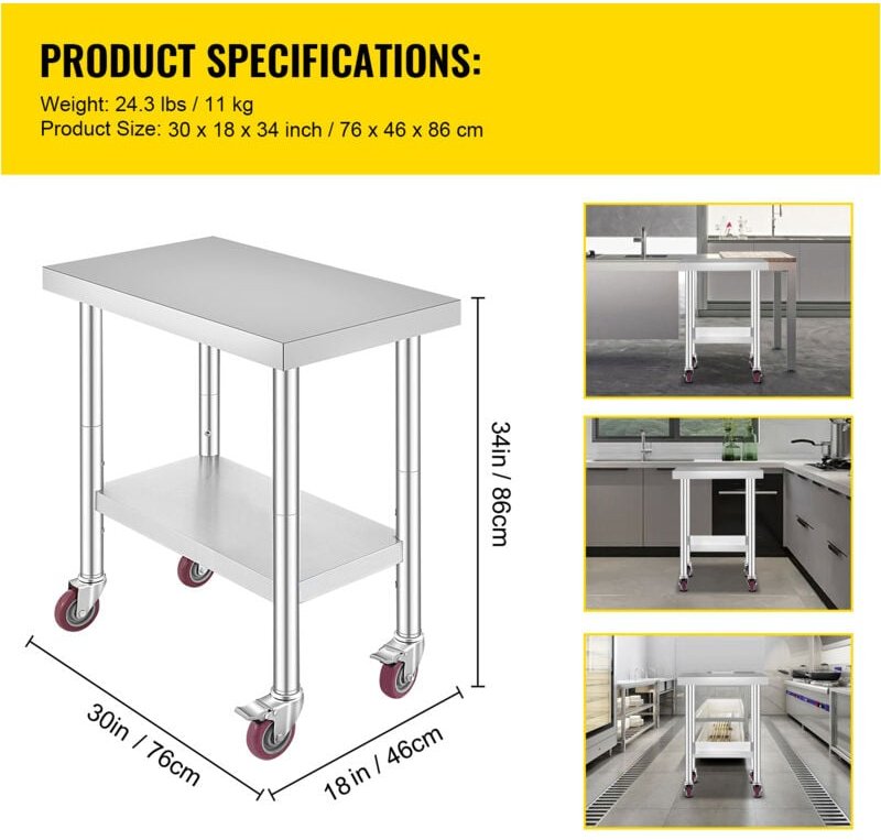 Mophorn - Edelstahl Arbeitstisch 30x18x34 Zoll, 700 lbs Kapazität, 4 Räder, 3 verstellbare Höhen - Heavy Duty Food Prep ...