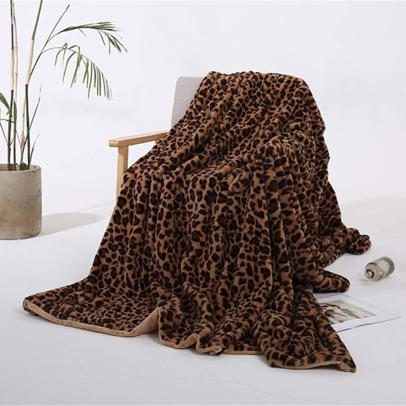 Plaid microfibre 200x160 cm, impression 3D léopard marron, doux pour canapé/enfant