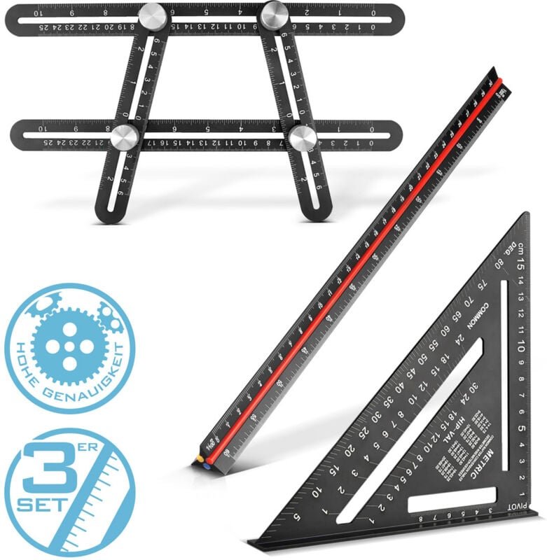 STAHLWERK Lineal Set mit Multiwinkel-Messlineal, Dreikant-Lineal, Winkeldreieck