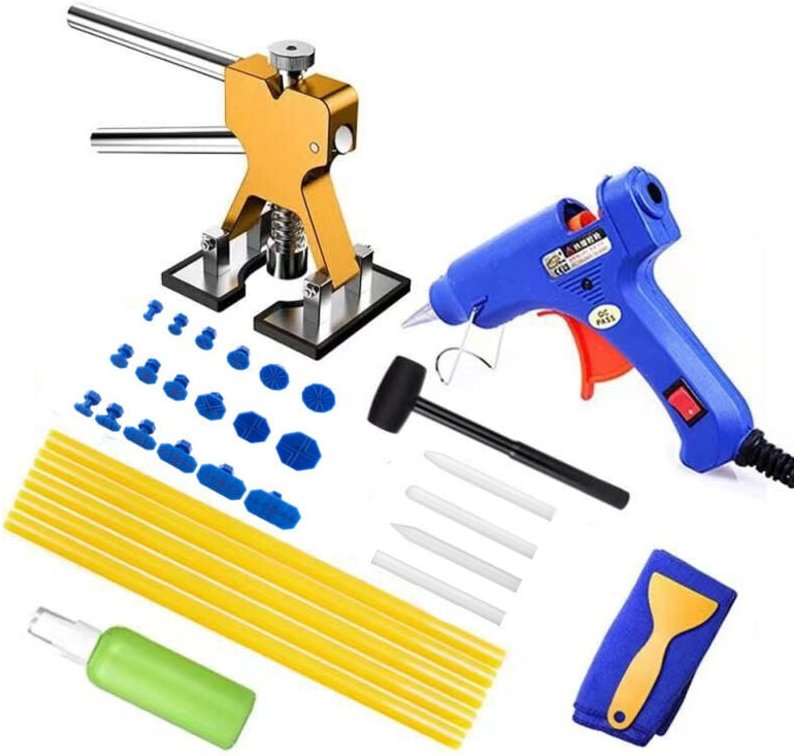 Dellenreparatur-Werkzeugsatz (Golden) für die Karosserie ohne Lackierung, 34-teilig, mit Klebepistole, Golden Dent Pulle...