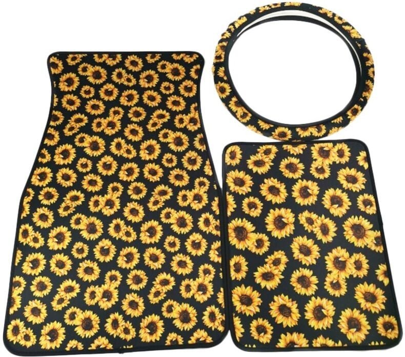 Auto-Lenkradbezug aus Neopren mit Sonnenblumenmotiv, mit Fußmatten für den vorderen und hinteren Boden, passend für die ...