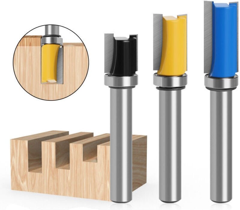 3-teiliges Set 8-mm-Schaft-Bündigfräser mit Kugellager für die Holzbearbeitung – Schneidblatt 13 mm, 20 mm, 25 mm