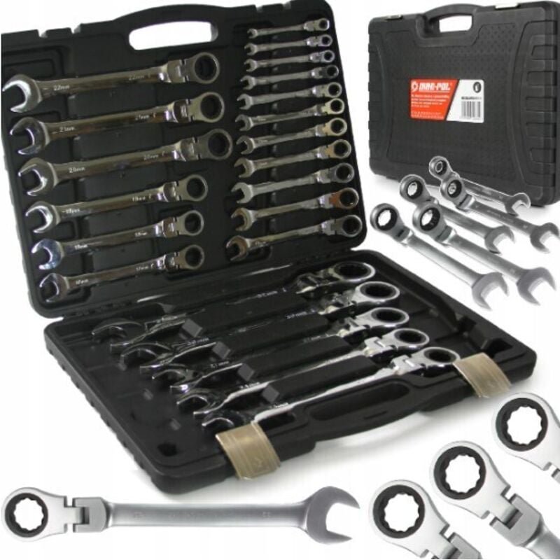 Gelenk Ratschenschlüssel Flachaugenschlüssel Chrom-Vanadium Set Ring Maulschlüssel Satz 6-32mm Werkzeug 22 tlg mit koffe...
