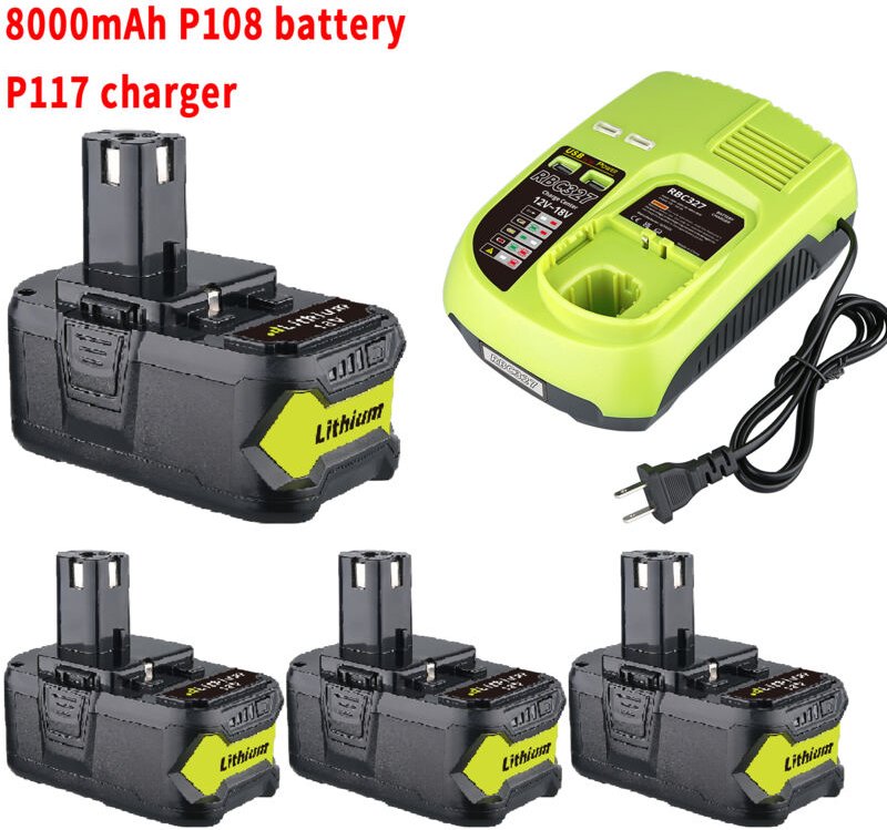 Pdstation - 4er-Pack P108 18 v 8,0 Ah Ersatz-Ryobi 18 V-Akku und Ladegerät-Set für Ryobi one+ 18 Volt Lithium-Akkus P104...