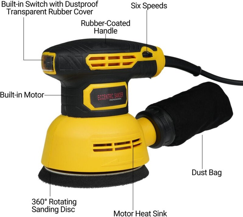 Exzenterschleifer (12,7 cm/5 Zoll) mit 15 Schleifpapierblättern, 12.000 U/min, 6 Geschwindigkeitsstufen, Hochleistungs-S...