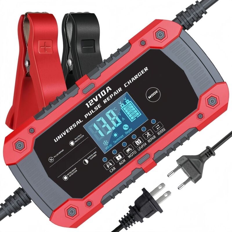Autobatterieladegerät, 12 V, 10 A, intelligentes Batterieladegerät, Motorradbatterieladegerät mit LCD-Display, Batteriel...