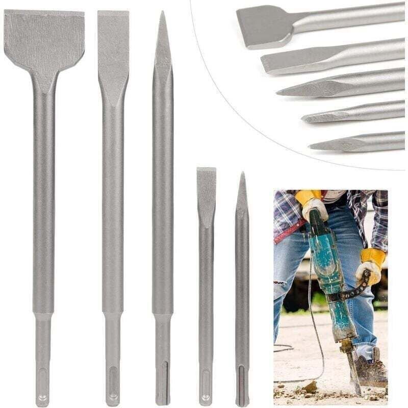 SDS-Meißelset, 5-teilig: 2 Spitzmeißel und 3 Flachmeißel. Bohrwerkzeug für Beton.