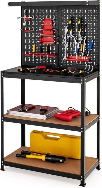 Costway - Werkbank mit Lochwand & 2 unteren Ablagen, Werktisch zur Werkzeugaufbewahrung, 13 Zubehoerteile zum Aufhängen ...