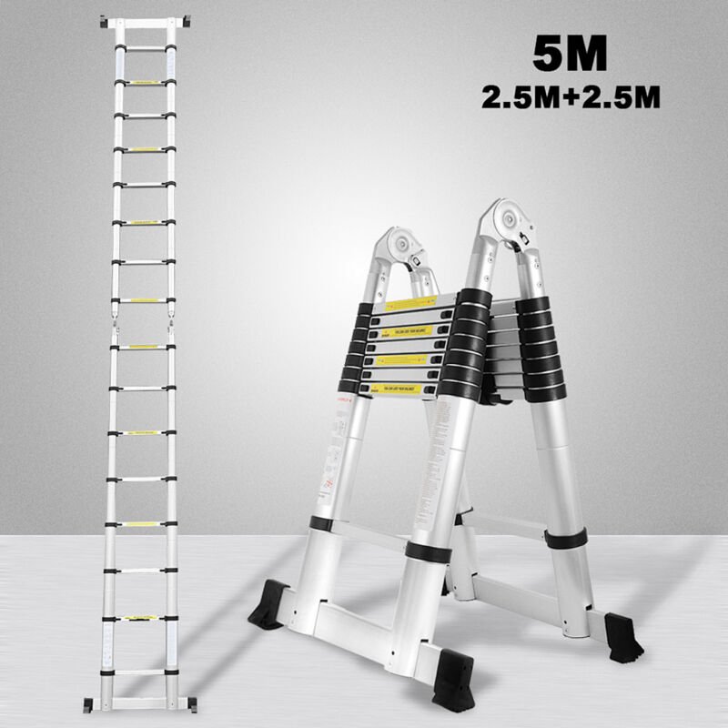 Wolketon Teleskopleiter Silber Aluminium Klappbar Multifunktionsleiter Anlegeleiter 2.5M+2.5M Mehrzweckleiter Fingerklem...