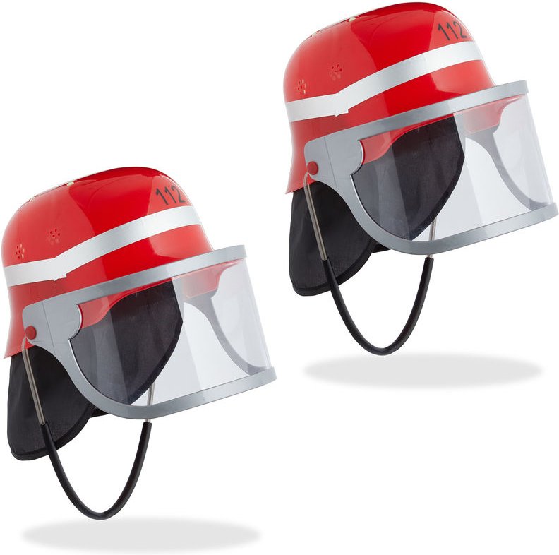 2 x Feuerwehrhelm Kinder, mit Visier, Nackentuch & Kinnriemen, verstellbarer Kopfumfang, Feuerwehrmann Helm, rot