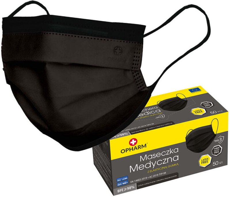Schwarze OP-Maske mit Gummiband, Typ IIR Opharm, 50 Stück