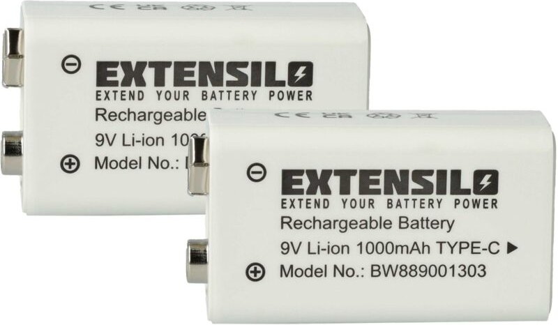 EXTENSILO 2x 9V-Akku Block für diverse Geräte (1 Ah, 9 V, Li-Ion), ready-to-use