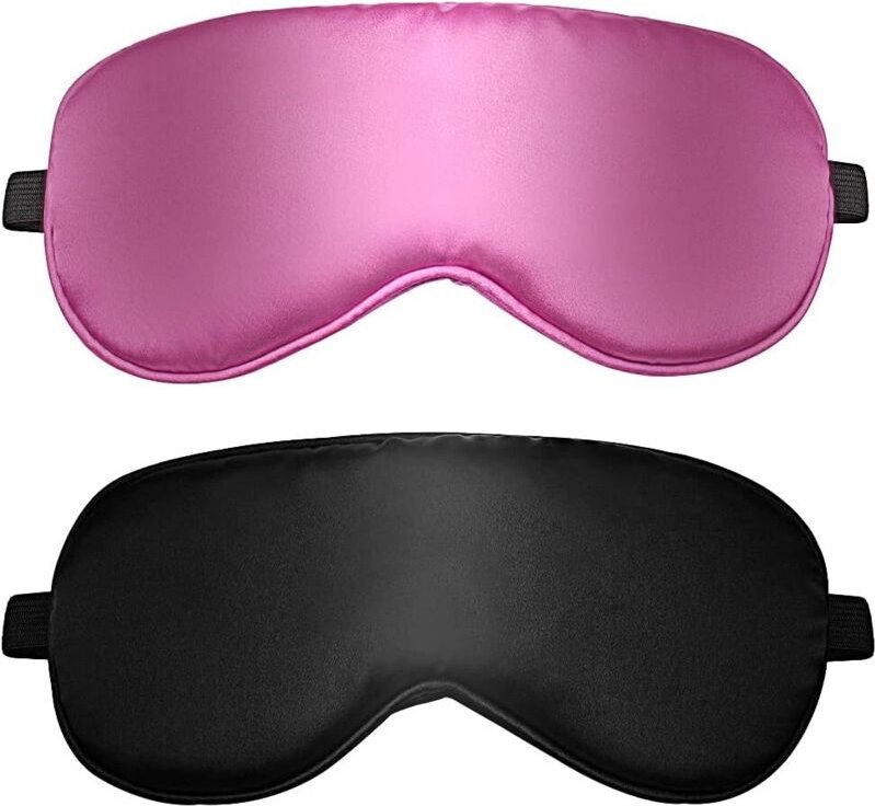 Set mit 2 ultraweichen, lichtundurchlässigen Seidenschlafmasken mit verstellbarem Gummiband (schwarz, rosa)