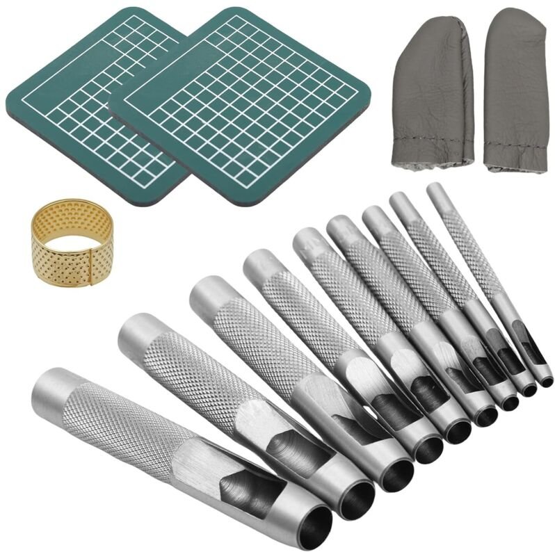 14er Locheisen Set 2.5/3/4/5/6/7/8/9/10mm Runde Lochstanzer mit Schneidebrett, Stanzwerkzeug Set Leder Puncher für Leder...