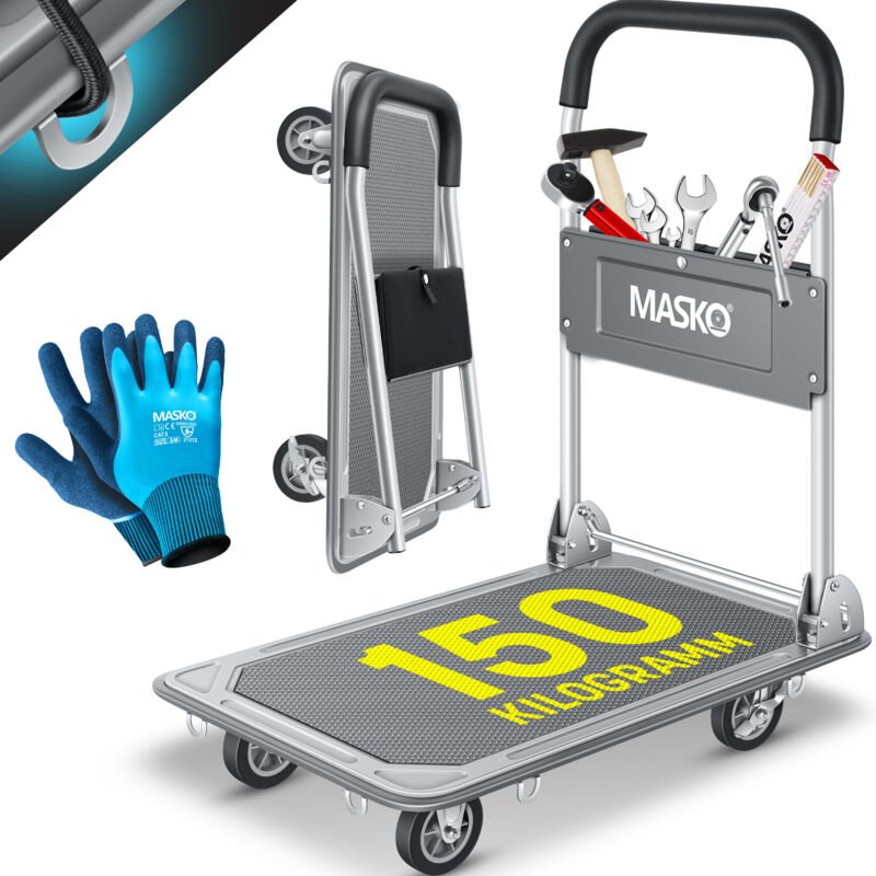 MASKO® Plattformwagen Transportwagen Lagerwagen Klappbar Inkl. Arbeitshandschuhe Feststellbremse Transporthilfe Mit 6 Si...