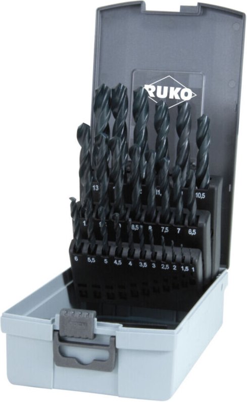 RUKO Spiralbohrersatz DIN 338 Typ N HSS R in Kunststoffkassette (ABS) Ø 1,0 mm bis 13,0 mm x 0,5 mm