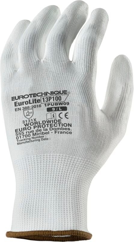 Set aus 10 Paar Arbeitshandschuhen EUROLITE 13P100 Polyester weiß mit End-PU weiß Größe 8