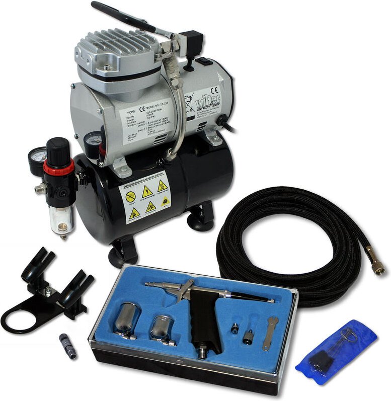 Wiltec Einsteiger Airbrush Kompressor Set AS189 mit 1 Airbrushpistole Typ 116 und umfangreichem Zubehör, 3 l Drucktank, ...