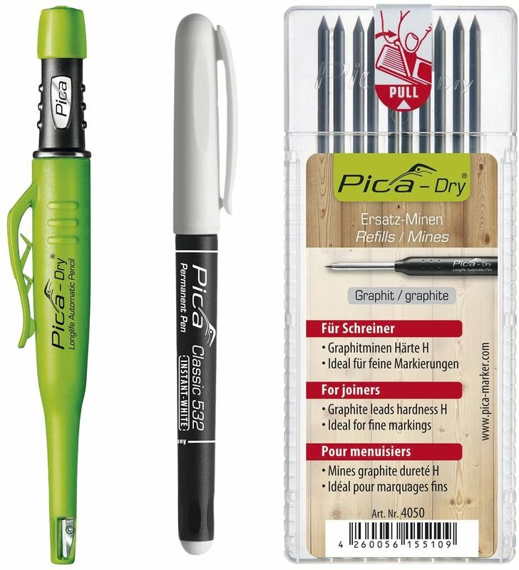 Pica Permanent Marker + Pica Dry Tieflochmarker Graphit + 10 Ersatzminen - Vasalat