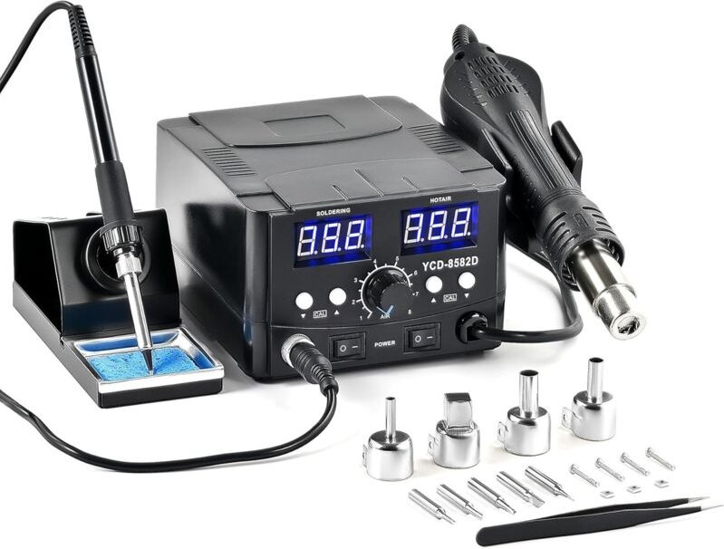 2-in-1-Lötstation 8582D mit 750-W-Heißluftpistole, 75-W-Lötkolben, 200–480 ℃, digitale LED-Anzeige