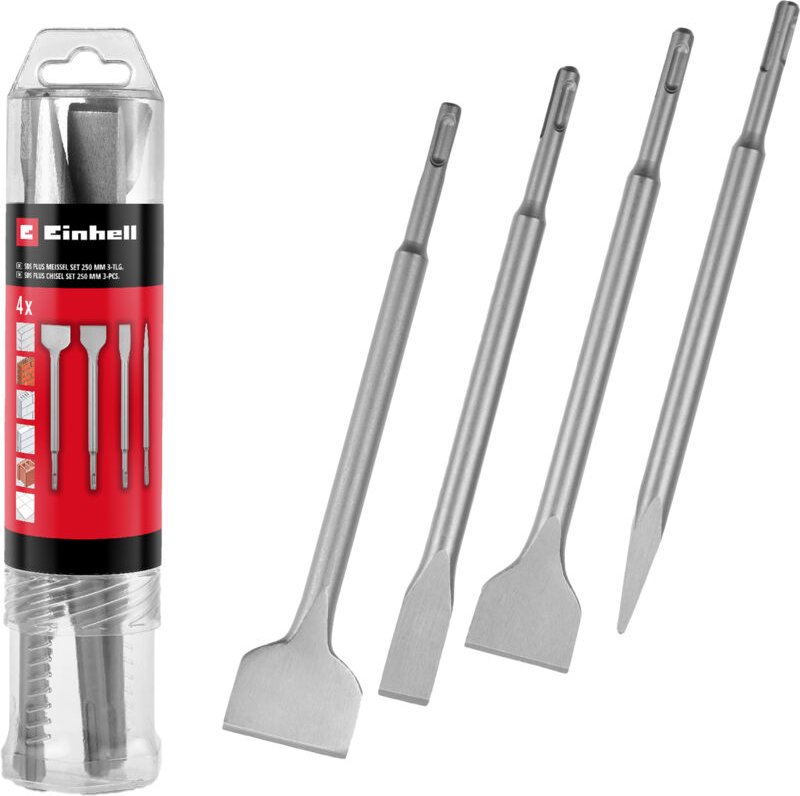 Sds Plus Meißel Set 250 mm 4 teilig ( 49247205 ) Spitzmeißel / Flachmeißel / Spatmeißel / Fliesenmeißel - Einhell