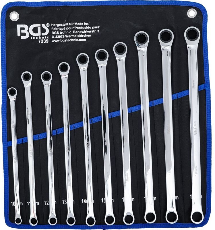 BGS 7239 Ratschenring- und Ringschlüssel-Satz, ext ra lang, SW 10 - 19 mm, 10-tlg.