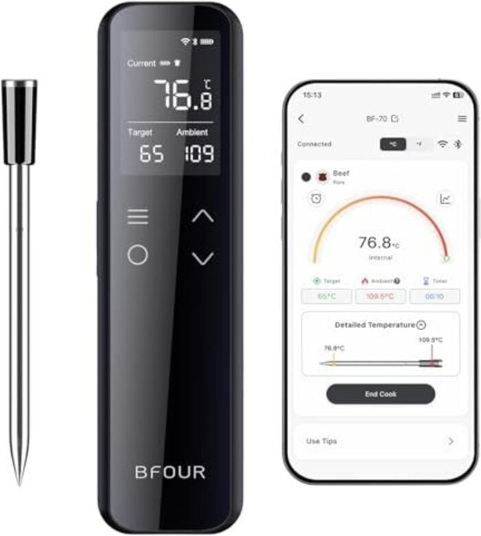 WiFi Bluetooth Grillthermometer,Fleischthermometer mit 6 Sensoren,2600mAh Akku,IP67 Wasserdicht,App-Steuerung,Bratenther...