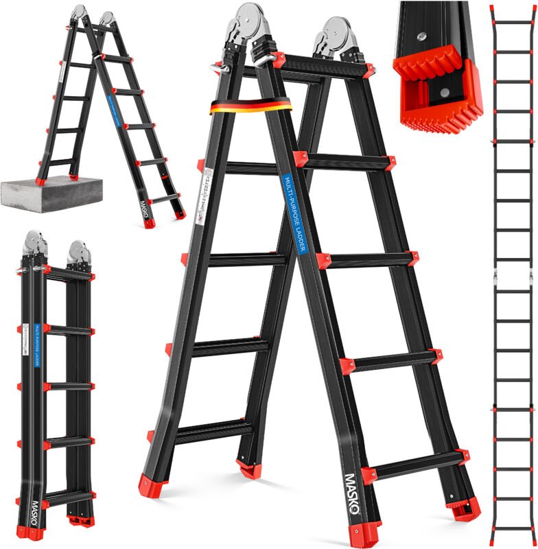 MASKO® Aluleiter Mehrzweckleiter 5 10m 4x5 Sprossen Teleskopleiter Multifunktionsleiter Aluleiter Klappleiter Anlegeleit...