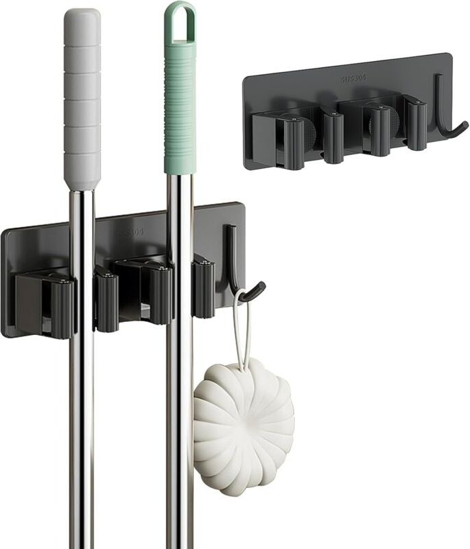 Besenhalter aus Edelstahl, Wandmontage ohne Bohren, 2-facher Besenhalter mit 1 Haken für Küche, Bad, Garten, Garage, 2-t...
