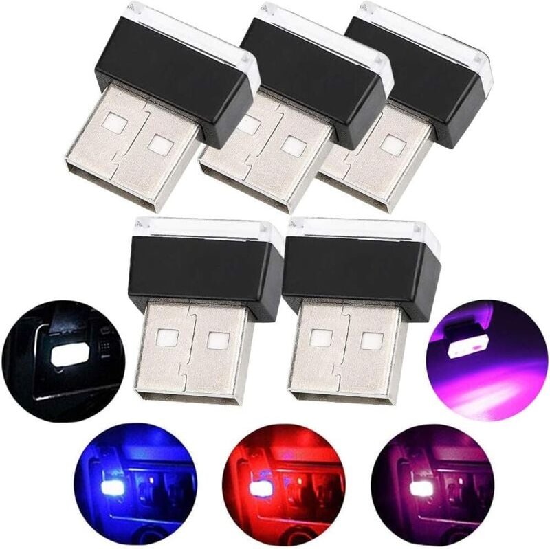 USB-Auto-Innenbeleuchtung, 5 Stück, universelle Mini-LED-Leuchten, Auto-LED-Umgebungslichter (5 Farben, Rot/Blau/Rosa Li...