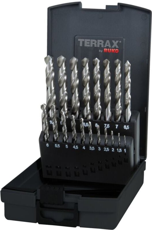 TERRAX by RUKO 5x Spiralbohrer-Satz DIN 338 Typ N, HSS-G - 19 tlg. (Kassette Kunststoff) - A214214RO