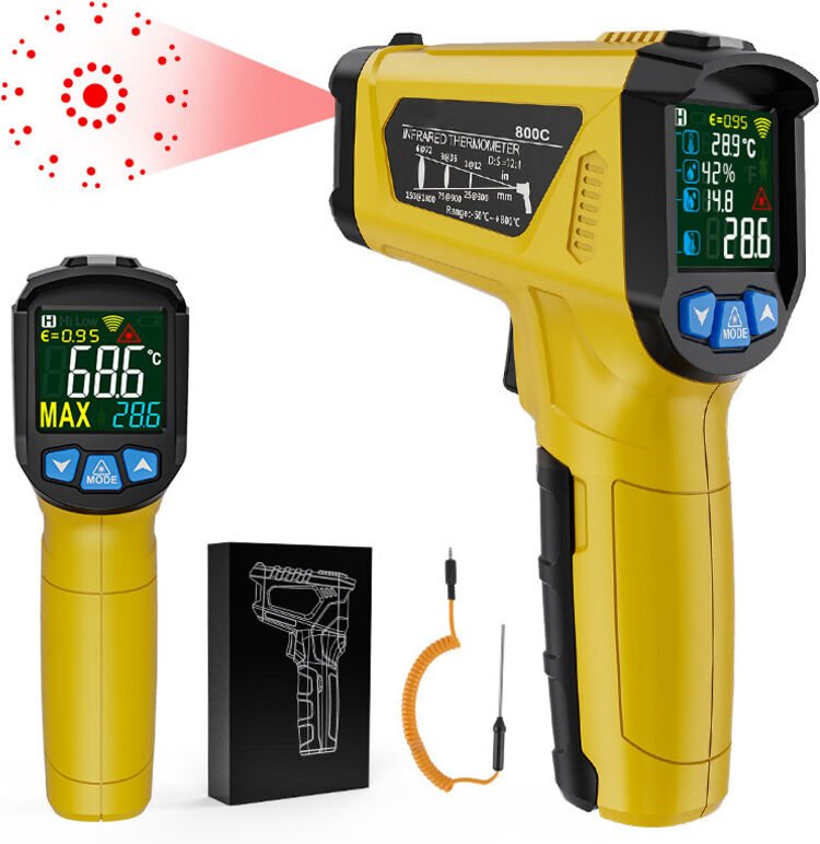 Infrarot-Thermometer, Laser und Sonde, IR-Temperaturpistole, berührungslos, LCD, -50 °C bis 800 °C, einstellbarer Emissi...