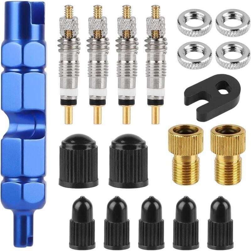 Presta-Ventileinsätze, 18-teiliges Set mit Ausbauwerkzeug und Adapter für Rennrad- und Autoreifen