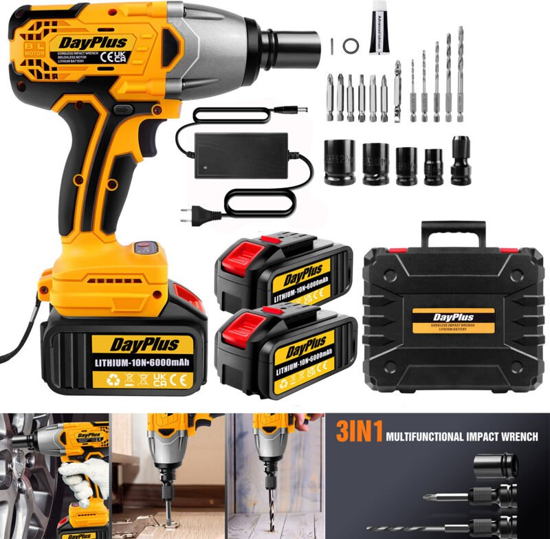 Dayplus - Akku Schlagschrauber Drehschlagschrauber Ratschen 1/2 Kfz Reifenwechsel 2x Akkus